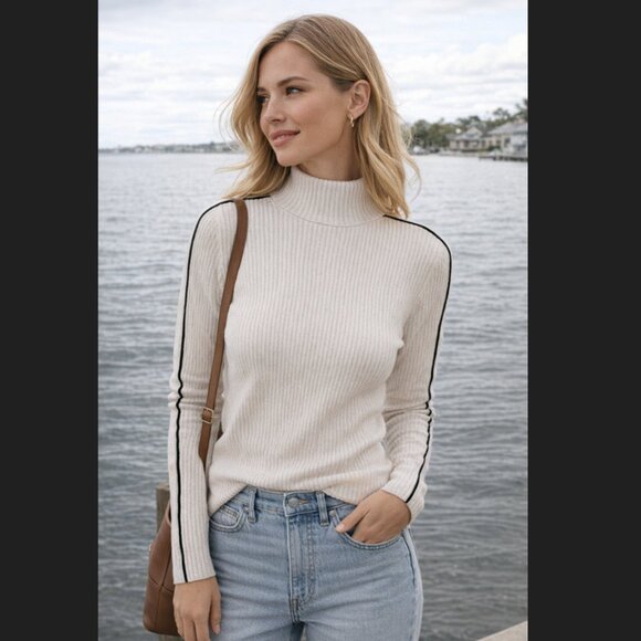 French Connection Sweaters - French Connection Cream Ribbed Turtleneck Sweater with Contrast Stripe